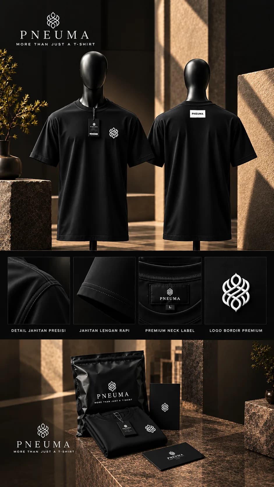 Kaos PNEUMA hitam tampak depan dan belakang, detail jahitan dan bordir, serta kemasan ziplock hitam.