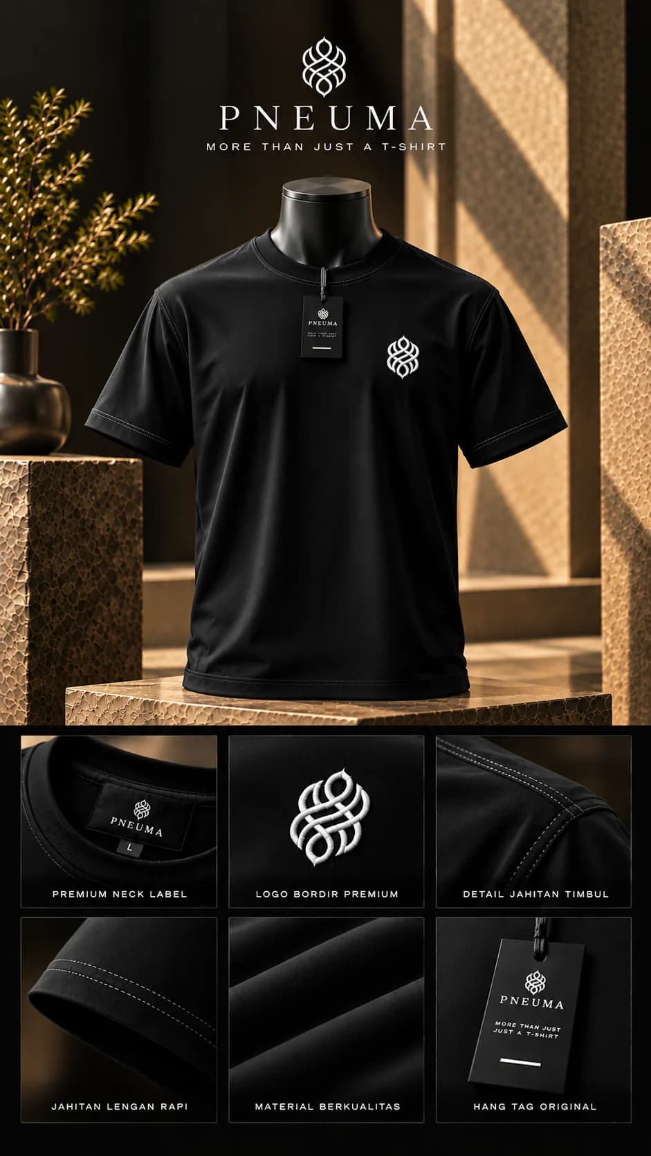 Kaos PNEUMA hitam tampak depan di atas mannequin, dengan hang tag dan bordir logo di dada kanan, dilengkapi enam panel detail: label leher, bordir, jahitan bahu, lengan, bahan, dan hang tag.