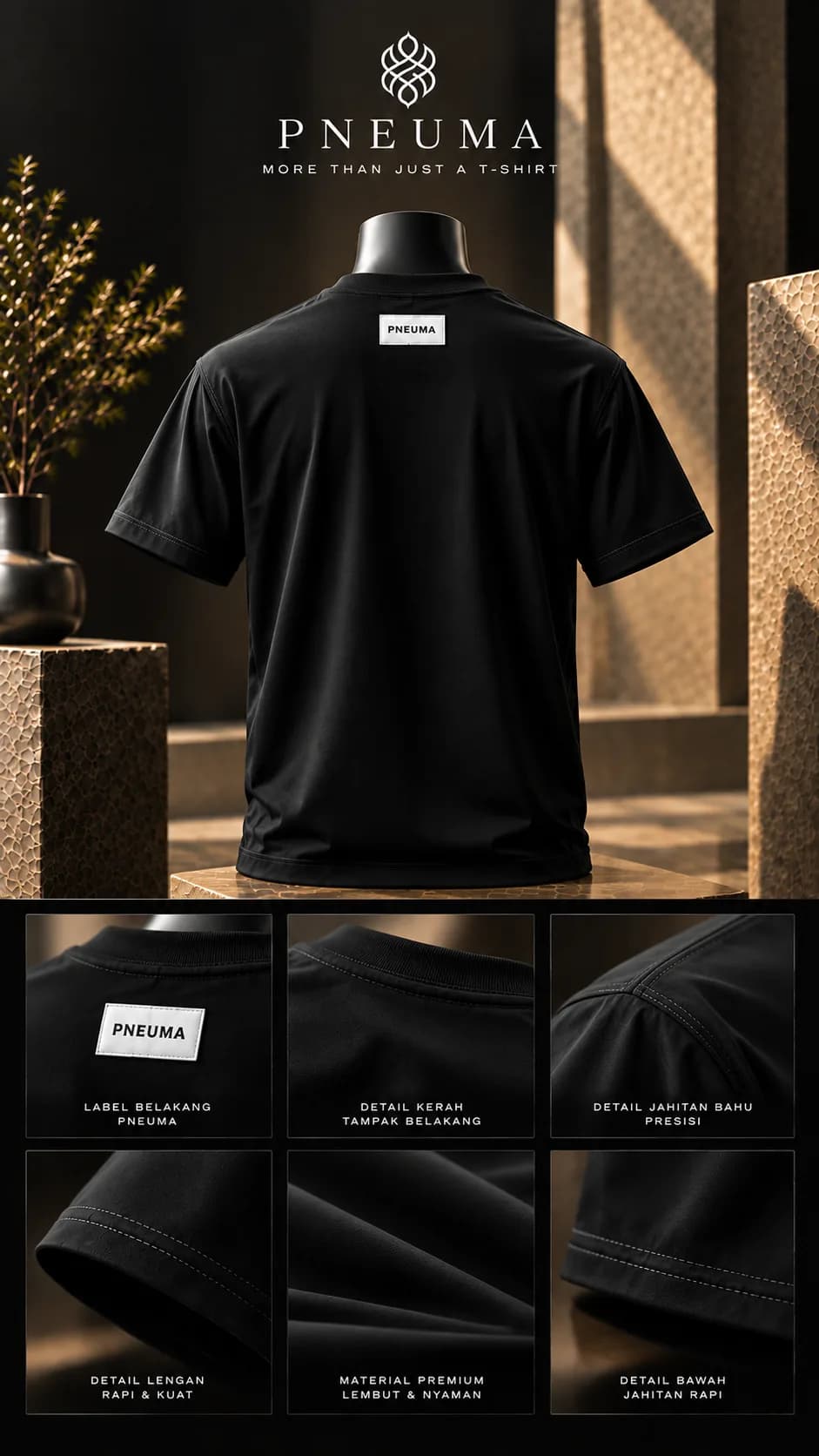 Kaos PNEUMA hitam tampak belakang dengan label PNEUMA di bawah kerah, dilengkapi enam panel detail: label belakang, kerah, jahitan bahu, lengan, bahan, dan jahitan bawah.