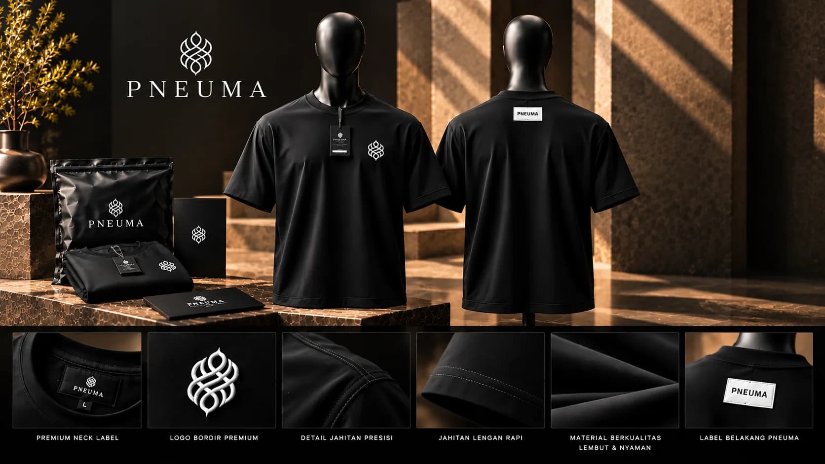 Ringkasan kaos PNEUMA hitam: tampak depan dan belakang, kemasan ziplock, dan enam detail bahan serta jahitan.