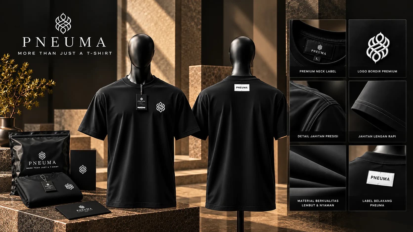 Ringkasan kaos PNEUMA hitam: tampak depan dan belakang, kemasan ziplock, dengan enam panel detail di sisi kanan.