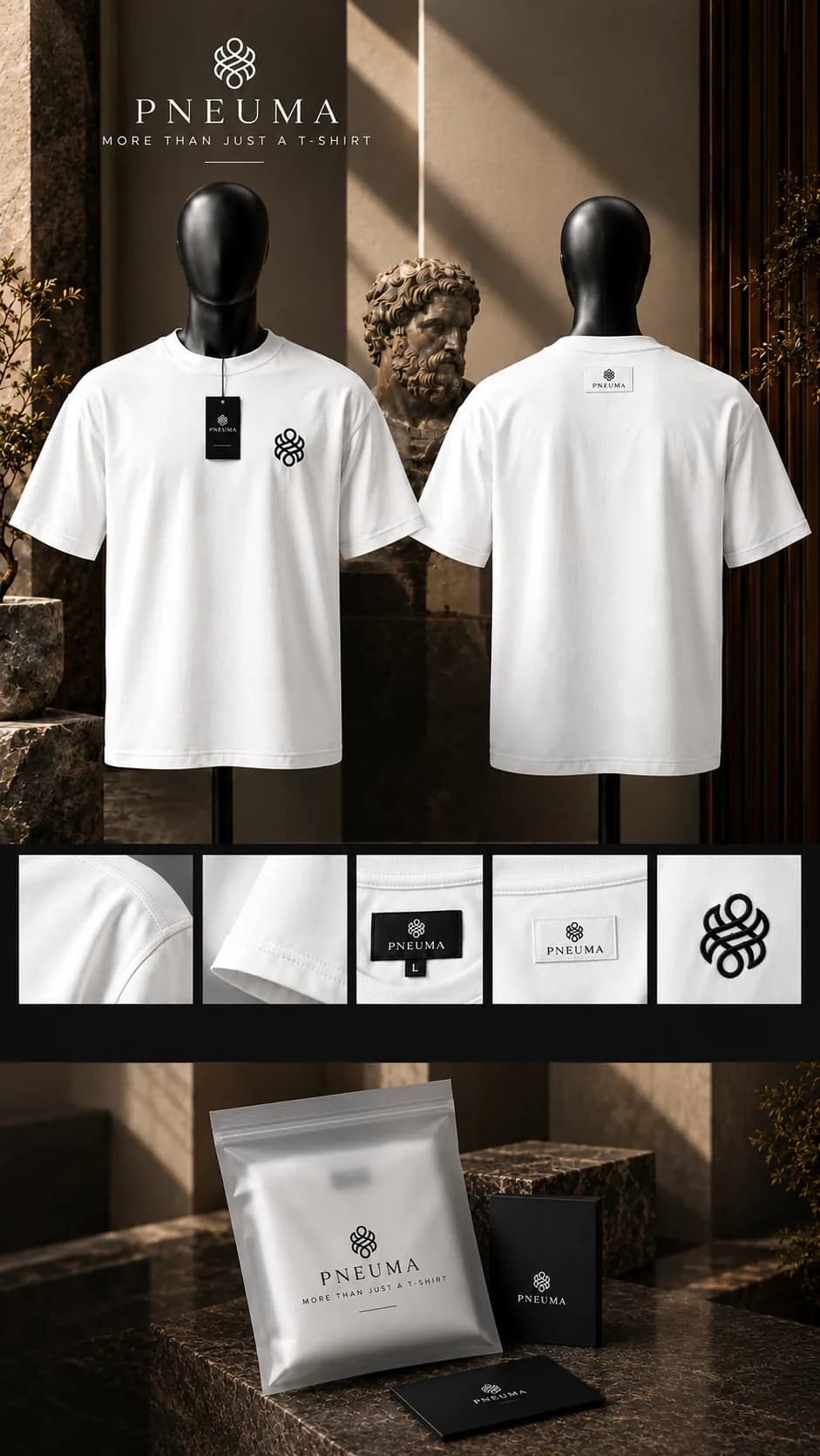 Kaos PNEUMA putih tampak depan dan belakang, lima detail jahitan dan label, serta kemasan ziplock.