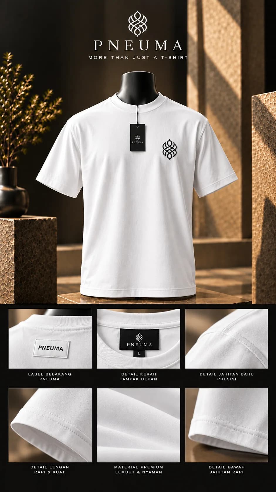 The white PNEUMA tee, front view on a mannequin, with the hang tag and black chest embroidery, plus six detail panels: back label, collar, shoulder stitching, sleeve, fabric, and hem.