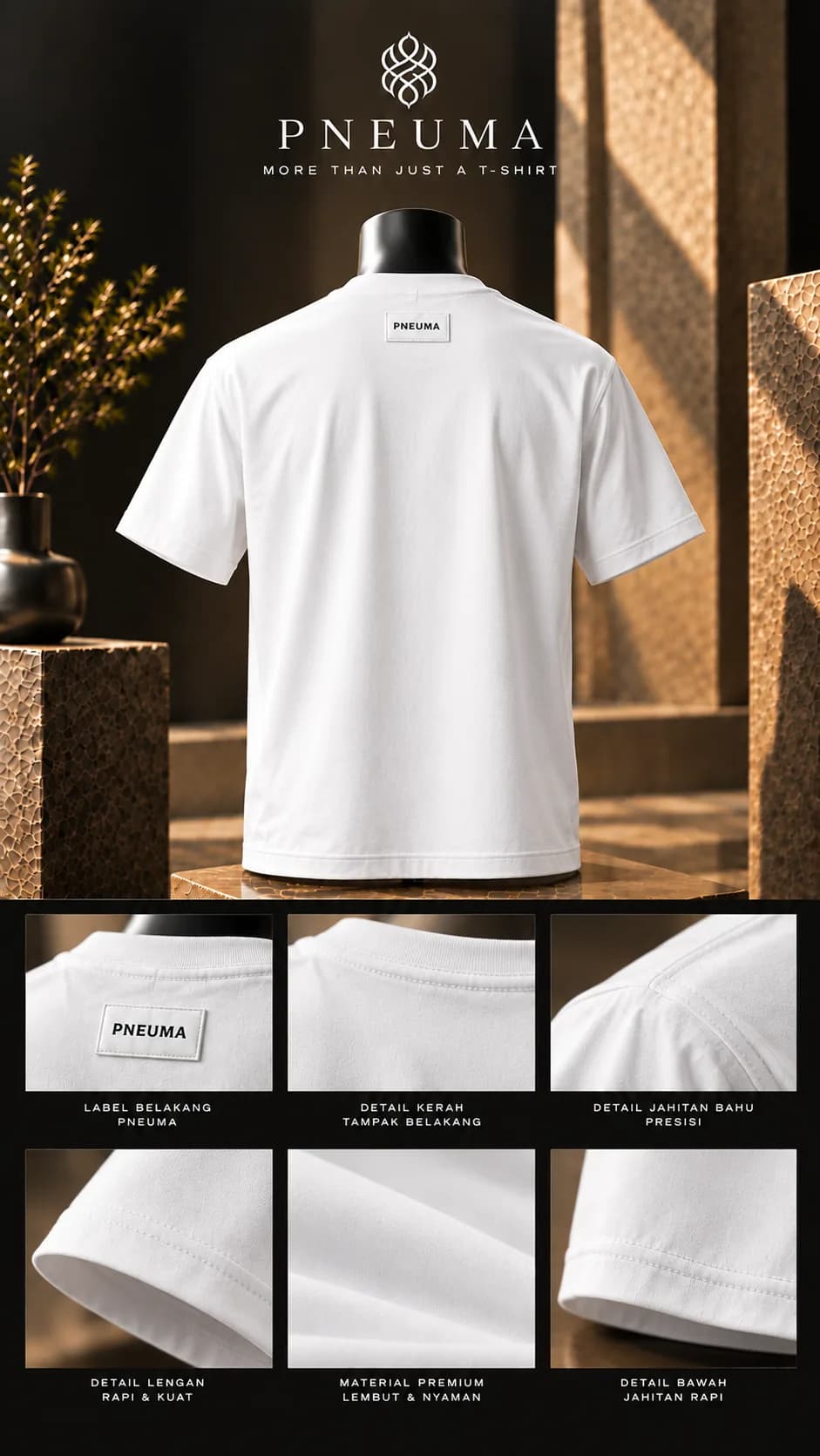 The white PNEUMA tee, back view with the PNEUMA label below the collar, plus six detail panels: back label, collar, shoulder stitching, sleeve, fabric, and hem.