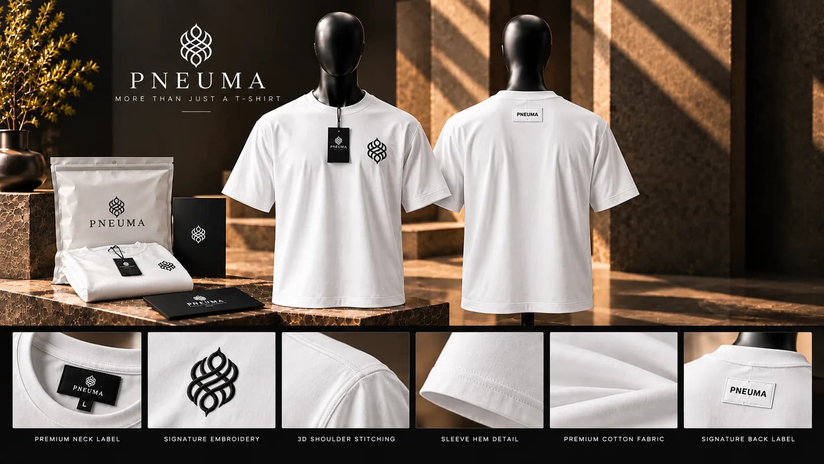 An overview of the white PNEUMA tee: front and back, the ziplock packaging, and six fabric and stitching details.