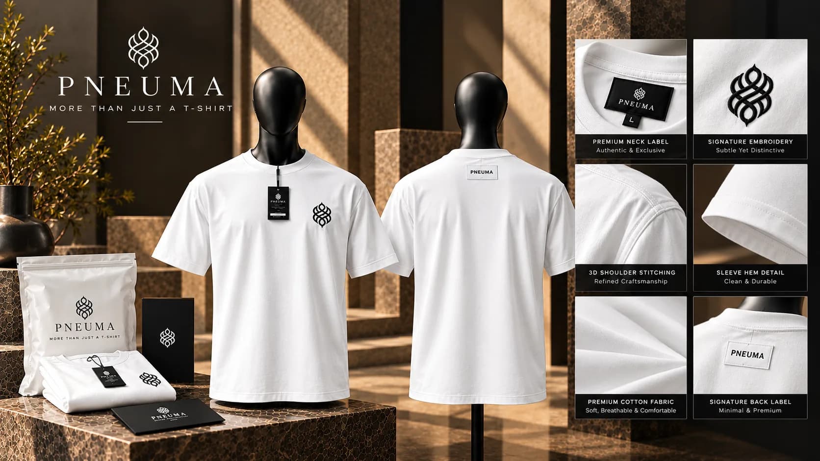 An overview of the white PNEUMA tee: front and back, the ziplock packaging, with six detail panels on the right.
