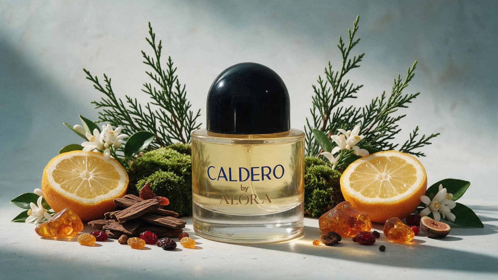 Botol CALDERO diapit jeruk, cemara, lumut, serpih kayu, dan amber.