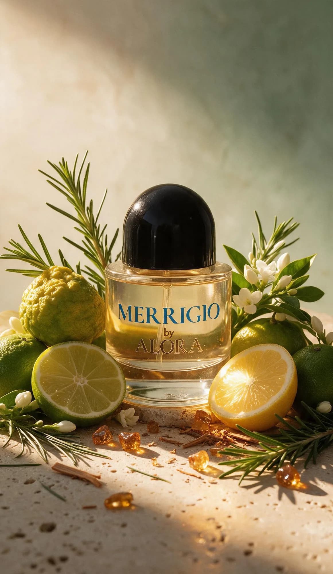 Botol MERRIGIO di antara rosemary, jeruk nipis, lemon, dan bunga putih.