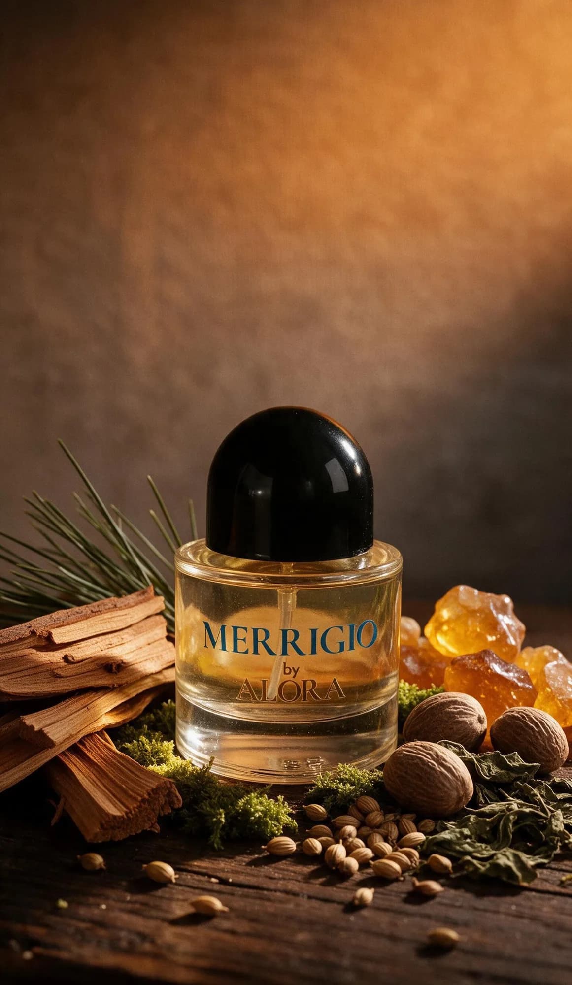 Botol MERRIGIO di atas kayu gelap, bersama serpih kayu, pala, biji rempah, dan amber.